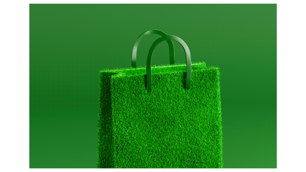 Illustration représentant un sac de course en herbe pour représenter les achats effectués de manière responsable